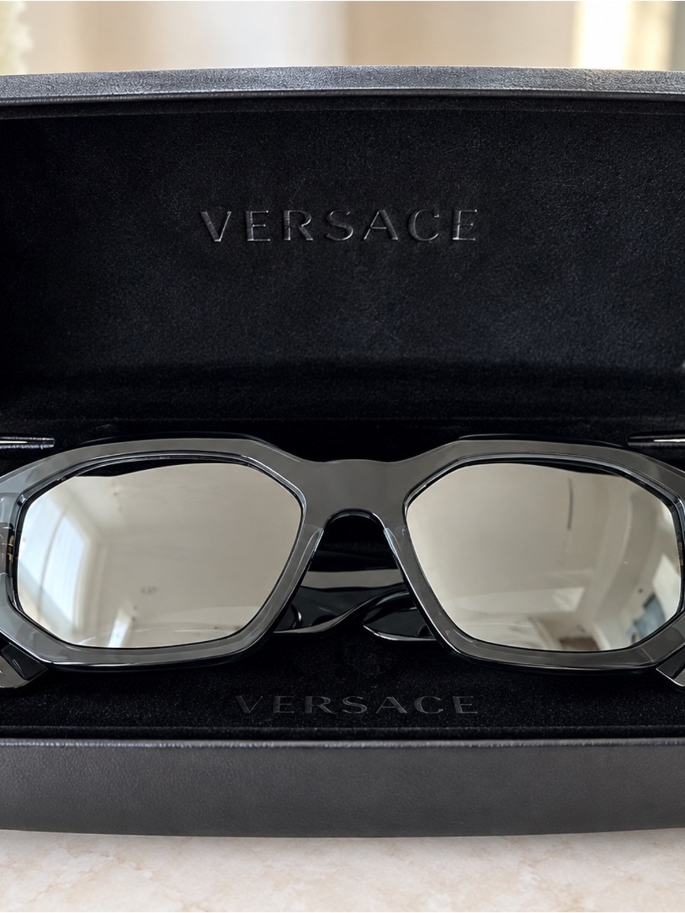 Versace Women’s Gray Glossy Geometric Sunglasses with Smoke Lenses